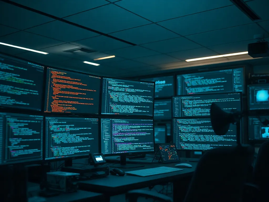 A high-tech workspace with multiple monitors showing abstrac