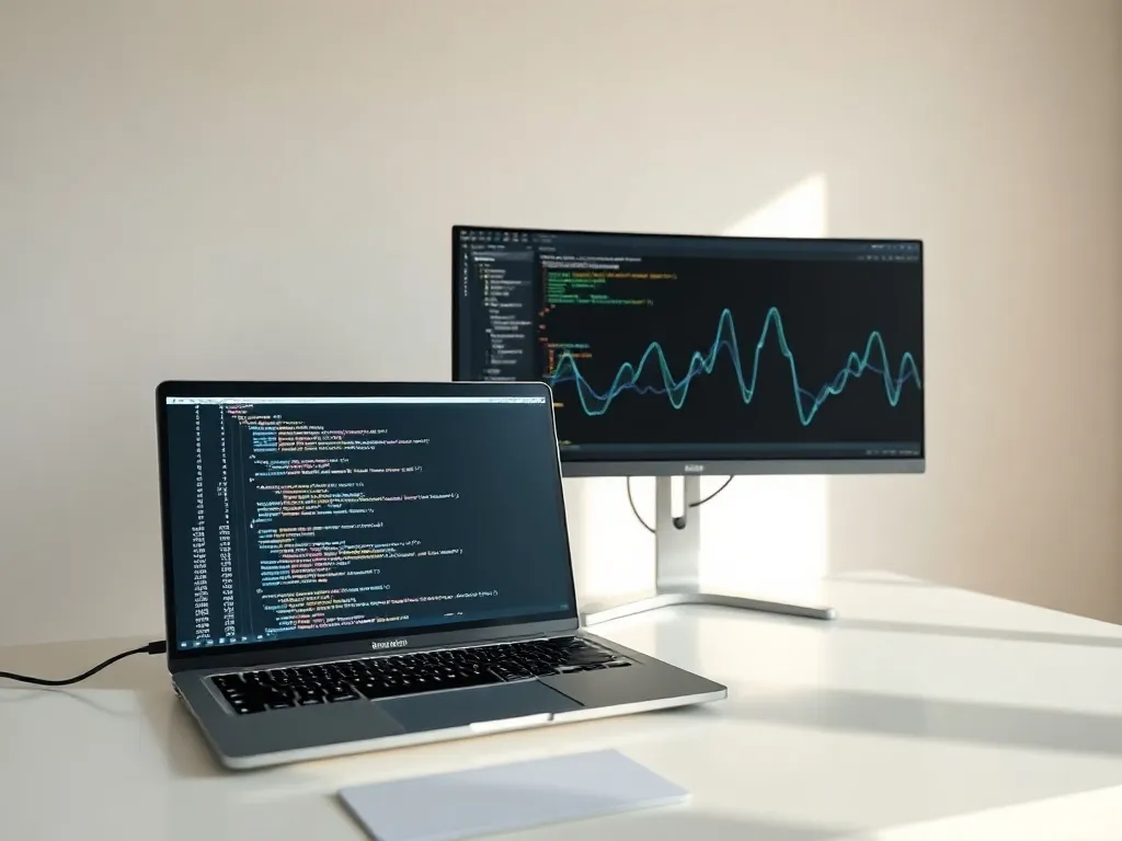 A clean, professional workspace with a laptop showing code a